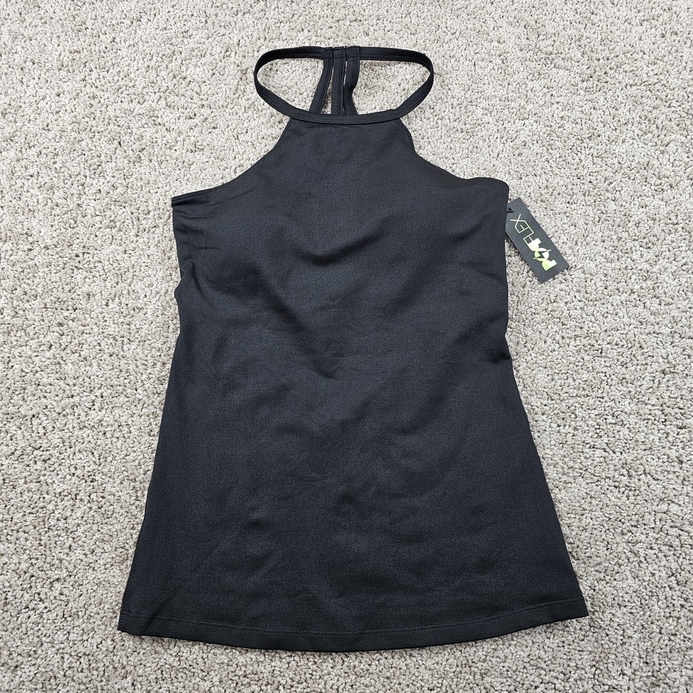 NWT Popflex Active Tank Top Size 8 Built In Bra Halter Strappy Open Back Black